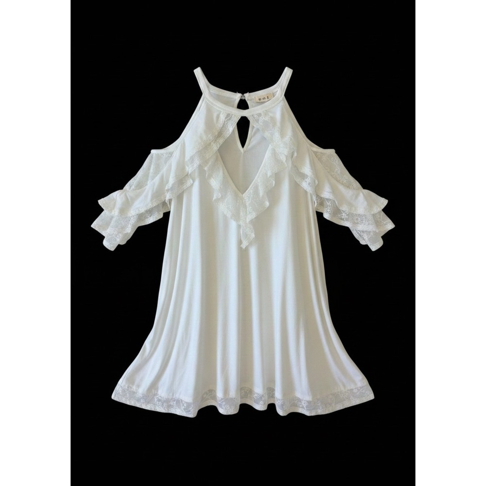POL Top RCT889 Cold Shoulder Lace Trim Boho White Small Fairycore Blouse Tunic